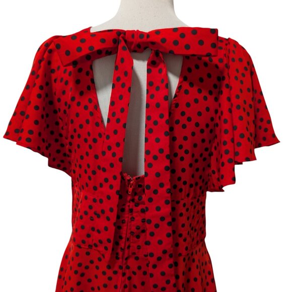 Unique Vintage Womens Size L/10-12 Red Black Polka Dot Bow Tie Midi Swing Dress - Picture 6 of 11